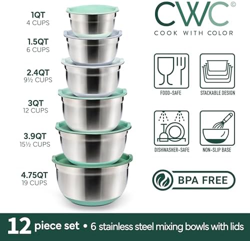 COOK WITH COLOR Stainless Steel Mixing Bowls Set with Lids - Nesting Bowls with Non-Slip Bottom, Sage, 12 Pieces