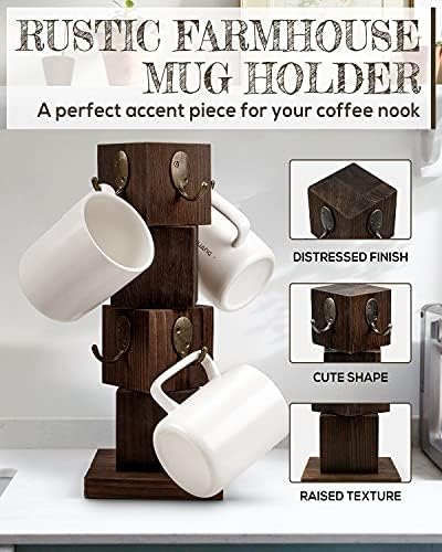 PUERSI Coffee Mug Holder for Counter, Rustic Solid Wood Mug Tree