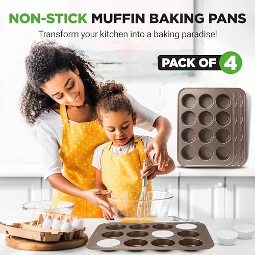 NutriChef Muffin Pans for Baking 4-Pack | Nonstick 12 Mold Cupcake
