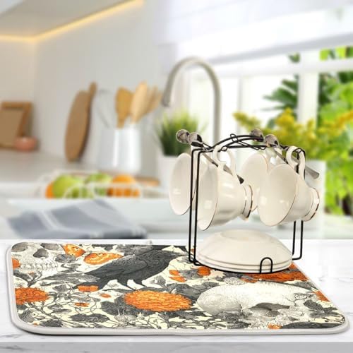 OTVEE Floral Macabre Skull Dish Drying Mat for Kitchen Counter