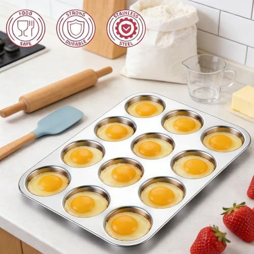 E-far 2 Pack Muffin Top Pan, 12-Cavity Stainless Steel Shallow Cupcake