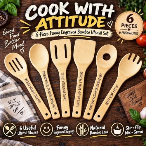 Cussing Cutlery Wooden Spoons for Cooking 6 Piece Bamboo Utensil Set