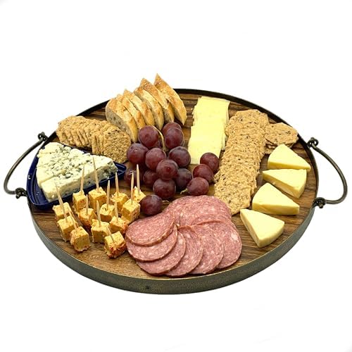 Round Acacia Wood Serving Tray, Handles, 14", Rustic Farmhouse Ottoman