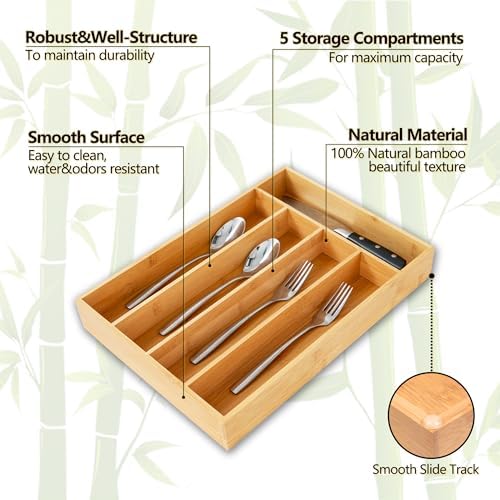 Bamboo Silverware Organizer, 10 Inch, 5 Slots