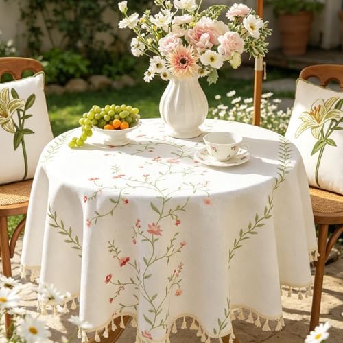 Laolitou Pink Floral Embroidery 55" Round Tablecloth with Tassels