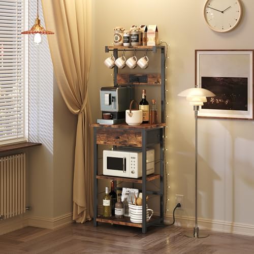 MAHANCRIS Bakers Rack with Drawer, 4 Tiers, Rustic Brown and Black