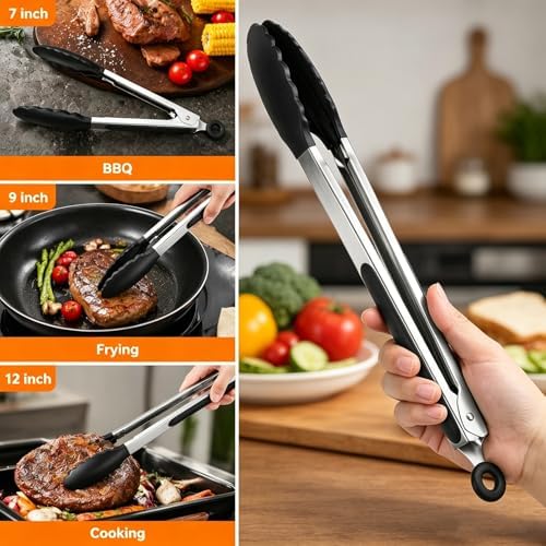 9 Piece Kitchen Tongs with Silicone Tips, 7, 9, 12 Inch