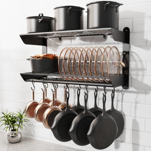 SUNTECH 31 Inch Pot Rack Wall Mounted for Kitchen, 2-Tier with 12 Hooks