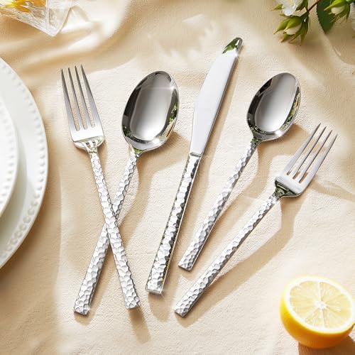 20 Piece Hammered Silverware Set, 18/10 Stainless Steel Flatware Set