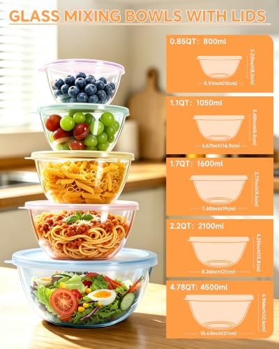 5 Pack Glass Mixing Bowls with Lids