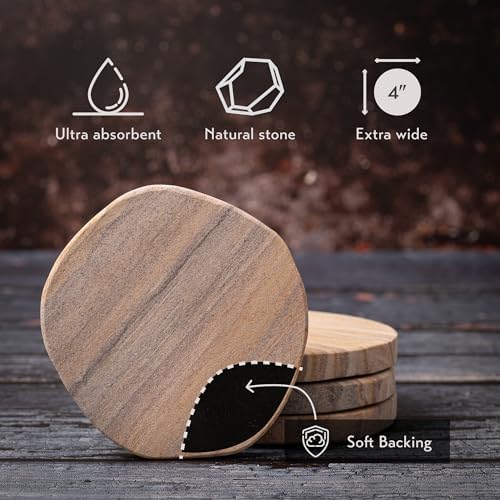Cork & Mill Absorbent Sandstone Coasters for Drinks, Set of 4