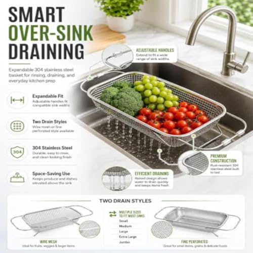 Expandable Over Sink Colander 304 Stainless Steel Fine Mesh Strainer