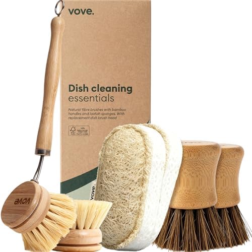 Vove Bamboo Kitchen Cleaning Set, Dish Brush, 2 Scrub Brushes, 2
