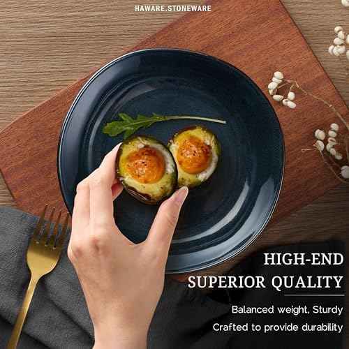 HaWare Plates and Bowls Set, Stoneware Dinnerware Sets, 24-Piece Hand-painted Dishware for 8, Ceramic Dinner Set for Home Kitchen, Microwave and Dishwasher Safe, Reactive Starry Blue