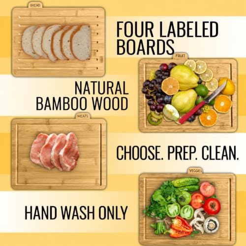 Bamboo Cutting Board Set with White Holder, 4 Labeled Boards