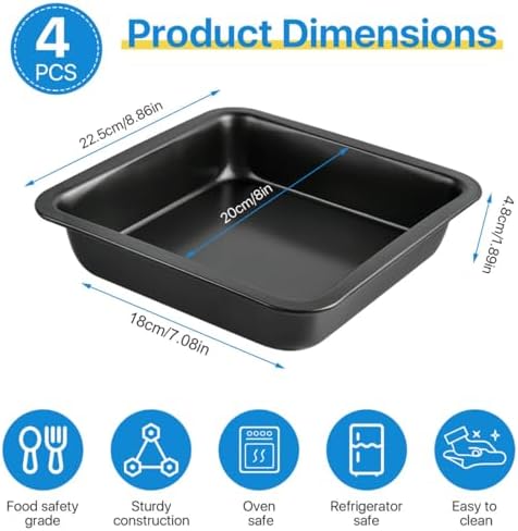 4 Pcs 8x8 Square Baking Pan, Carbon Steel Brownie Pans, Square Cake