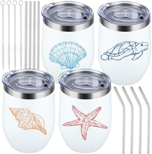 4 Sets Ocean Themed Beach Wine Tumbler 12 oz with Lid