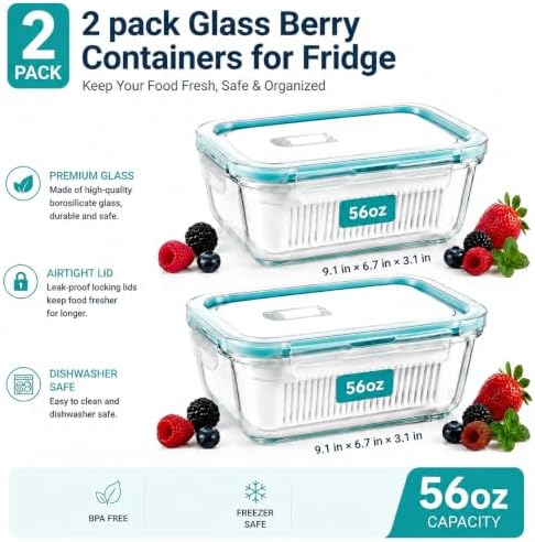 2 Pack 56oz Glass Berry Container for Fridge,with Removable Colander