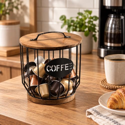 Coffee Pod Basket Holder - Large Capacity Black with Wood Lid