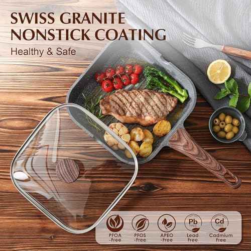 SENSARTE Nonstick Grill Pan with Lid, Grill Pan for Stove Tops, Versatile Griddle with Pour Spouts, Square Big Cooking Surface, Durable Skillet Indoor & Outdoor Grilling. PFOA Free, 12Inch