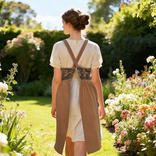 Apron for Women Cotton Linen with Large Pockets Floral No Waist Tie