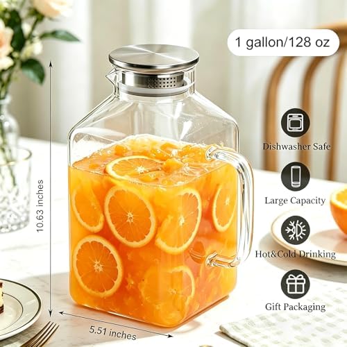 1 Gallon Square Glass Pitcher with Lid, Borosilicate Carafe