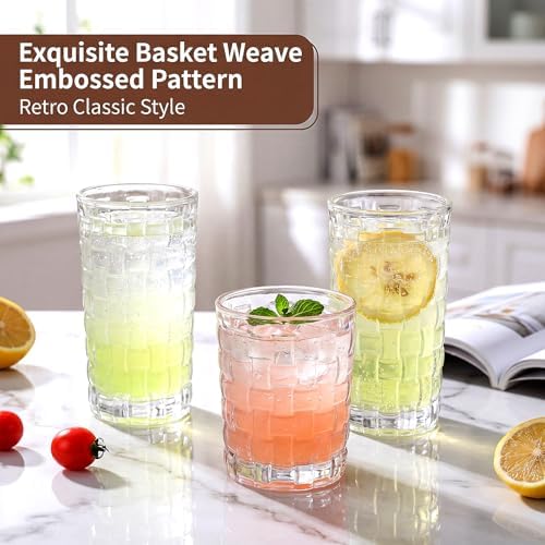 QAPPDA Embossed Drinking Glasses 12 Pack, 11oz & 8oz Old Fashioned