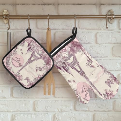 Pink Eiffel Towel Vintage Oven Mitts and Pot Holders BBQ Gloves