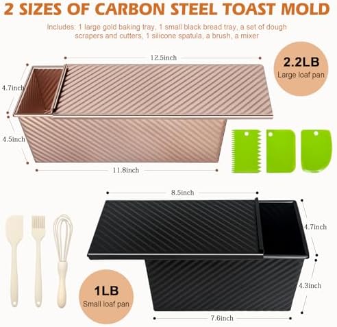 Pullman Loaf Pan with Lid, 2 Pack 2.2 LB & 1 LB Dough Capacity