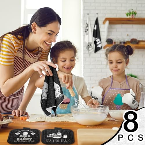 VitalCozy 8 Pcs Farm Animal Kitchen Towels, Pot Holders and Oven Mitt