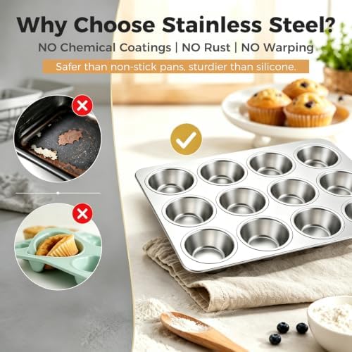Onader 12-Cup Muffin Cupcake Pan, Stainless Steel Muffin Tin, 1 Pack