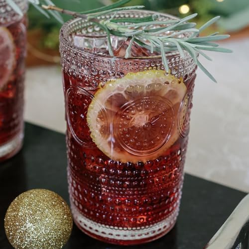 Hobnail Beaded Floral Clear Drinking Glasses Set of 6, (13 oz) Vintage