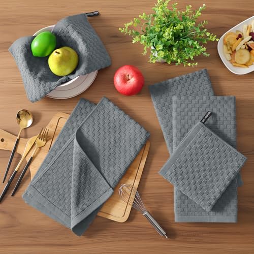 Homaxy 100% Cotton Terry Kitchen Towels(15" x 25", 6 Pack), Dark Grey