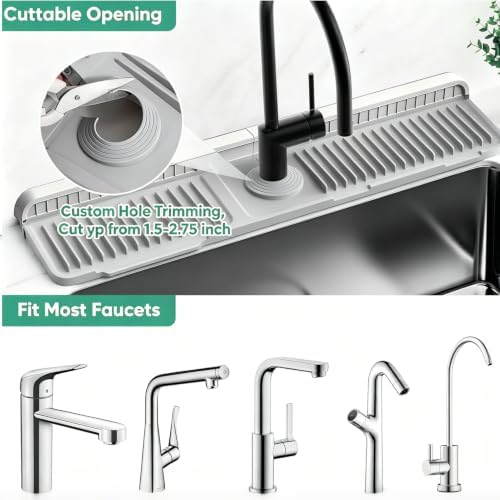 24" Gray Silicone Faucet Mat for Kitchen Sink Splash Guard, 6° Slope