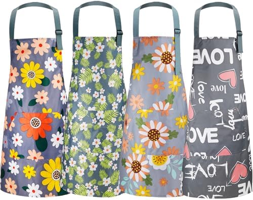 Jeffbaubl 4 Pack Floral Aprons with Pocket, Adjustable Cooking Aprons