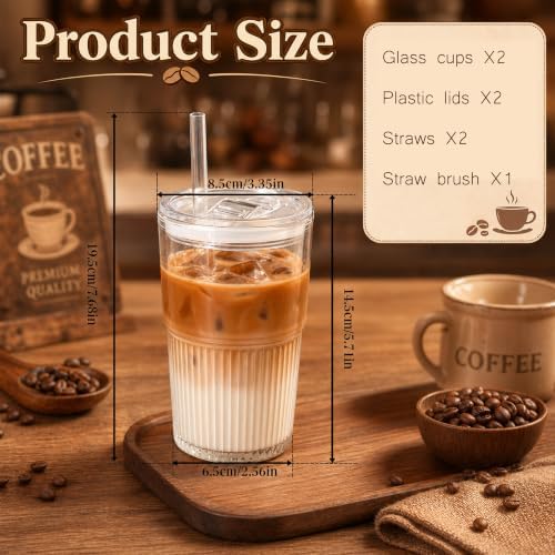 Haundry Ribbed Glass Cups with Lids and Straws (2 Pack), 16oz Iced