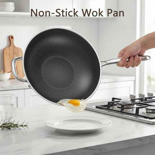 12.5-Inch Hybrid Stainless Steel Wok Pan with Lid, Laser-Textured Nonstick Stir Fry Pan, PFOA-Free, Induction Compatible, Oven & Dishwasher Safe for All Cooktops