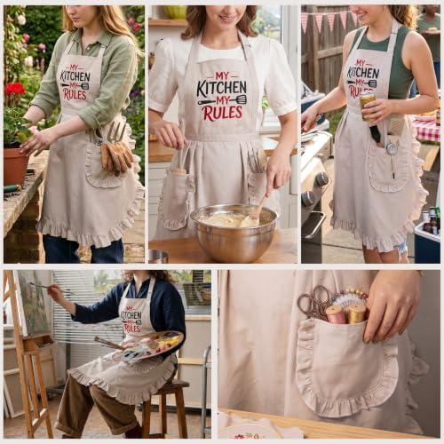 Elife Kitchen Apron, 3D Embroidered Cooking Apron with Pockets for