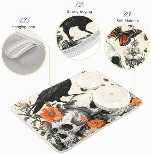 OTVEE Skull in Dark Art Dish Drying Mat for Kitchen Counter Absorbent
