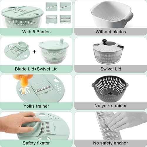 Salad Spinner Large, 5.3 QT 5 IN 1 Lettuce Spinner Dryer with 5 Blades Slicing and Pureeing Vegetables Wash Bowl Kitchen Gadgets for Efficient Salad Preparation Food Washing