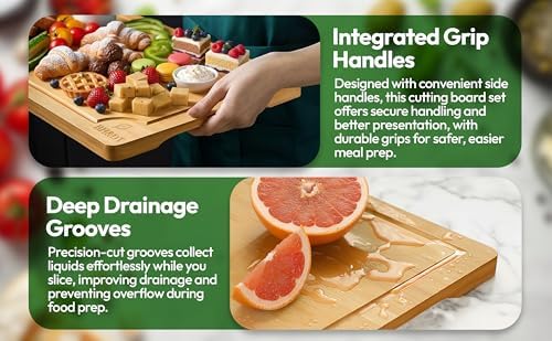 BH&DT Bamboo Cutting Board Set of 3 with Juice Grooves and Built-In