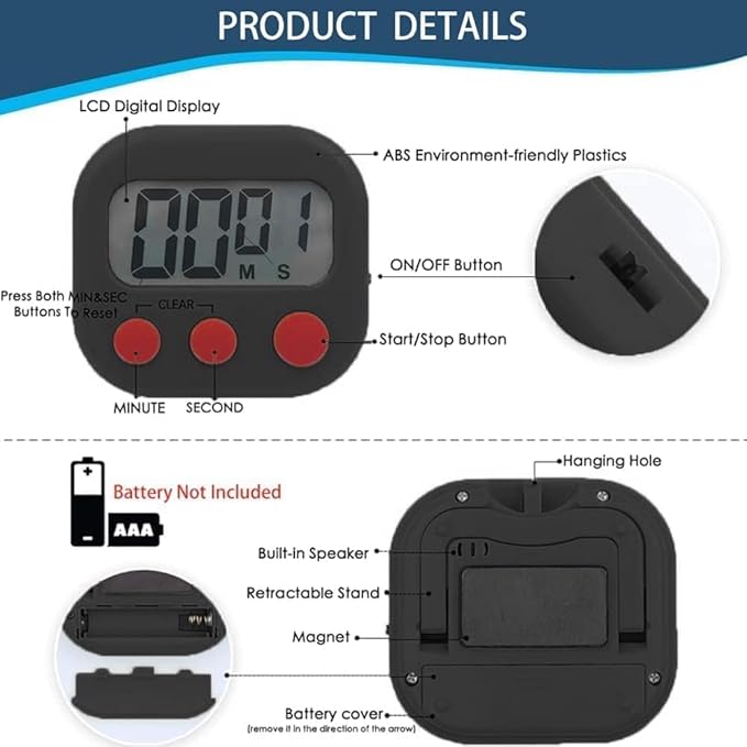 Kitchen Timer, Digital Visual Timer Magnetic Clock Stopwatch Countdown Timer - Image 7