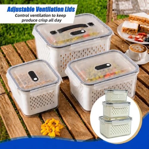 3 Pack Fruit Storage Containers for Fridge with Removable Colander