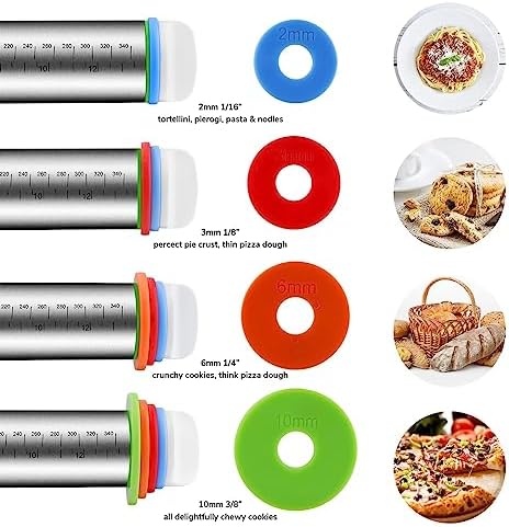 Stainless Steel Rolling Pin and Silicone Mat Set, Adjustable Thickness