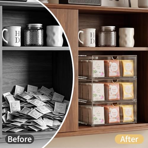 2 Pack Clear Tea Bag Organizer, Stackable Drawer Organizer with