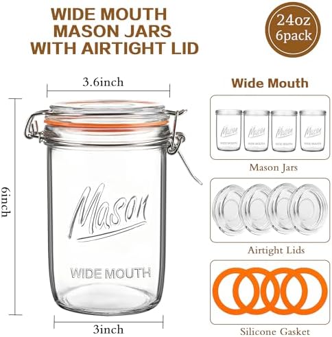 24oz Wide Mouth Mason Jars, 6 Pack