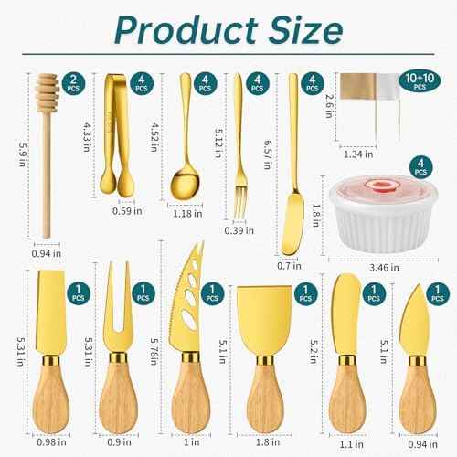 Gold Charcuterie Boards Accessories Bowls Utensils, Cheese Knife Set Mini Butter Spreader, Serving Tongs, Forks, Spoons, Dipping Bowls with Lids, Toothpick Flag, Honey Dippers for Party Platter Making
