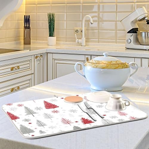 OTVEE Modern Tree Forest Decor Dish Drying Mat for Kitchen Counter