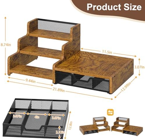 Coffee Station Organizer with K Cup Holder, 28 Pod Capacity,3-Tier Syrup Rack with Coffee Pod Holder Drawer, Coffee Bar organizer Countertop for Accessories,Rustic Brown