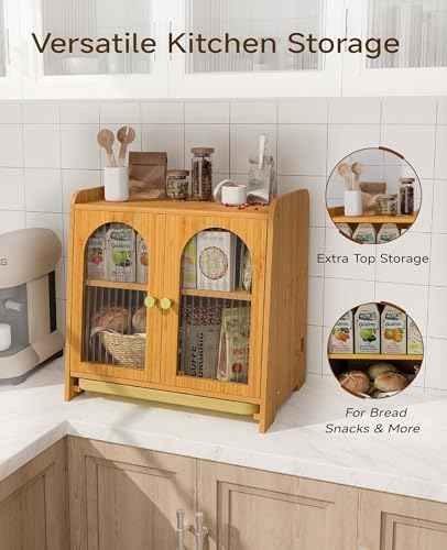 Emojoy Bread Box for Kitchen Countertop, Large Double Layer Wooden Bread Storage Container with Acrylic Window, Adjustable Air Vents & Built-In Cutting Board, Pantry Organizer